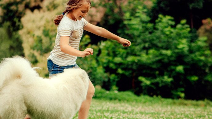 Little kid playing with a dog outside