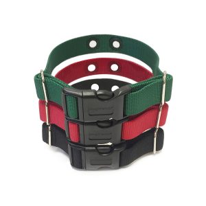 The DogWatch collar straps in red, green, and black