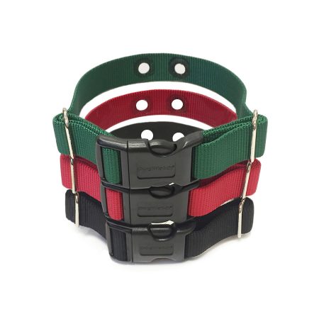 The DogWatch collar straps in red, green, and black